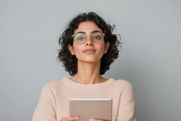 Aufkleber - Young Woman Engaged in Digital Work with Tablet in Minimalist Office Setting