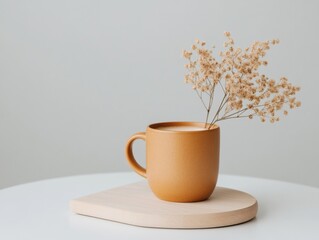 Poster - Minimalist Elegance Aesthetic Coffee Mug with Delicate Floral Arrangement in Neutral Tones