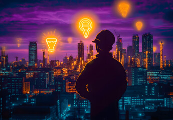 Poster - Silhouette of engineer with glowing energy concept in cityscape