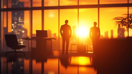 Poster - Two silhouettes in a modern office against a sunset backdrop, symbolizing business and ambition.
