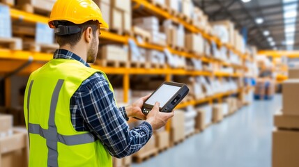 Poster - A worker in a warehouse uses a device to manage inventory amidst shelves of boxes.