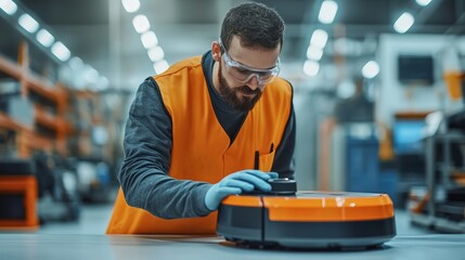 Poster - A technician interacts with a robotic device in an industrial setting.