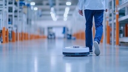 Poster - A person walks alongside an autonomous robot in a modern industrial setting.