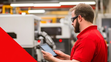 Poster - A worker in a red shirt using a tablet in a manufacturing environment.