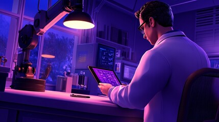 Poster - A scientist analyzes data on a tablet in a dimly lit laboratory.