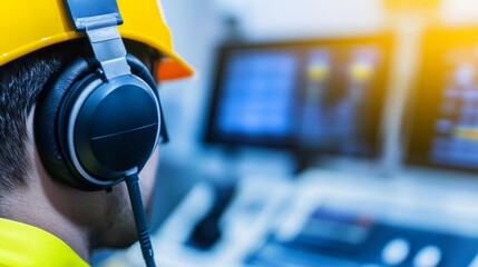 Poster - A worker in a yellow helmet wearing headphones, focused on computer screens in an industrial setting.
