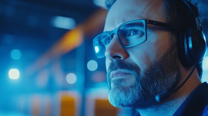 Poster - A focused individual wearing a headset, engaged in work within a high-tech environment.