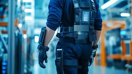 Poster - A person in a high-tech suit stands in an industrial setting, suggesting advanced technology use.