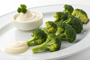 Wall Mural - Broccoli florets arranged on a white plate with a dollop of creamy sauce, healthy side dish, garden fresh ingredients, dinner plate, steamed green broccoli