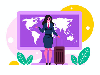 Poster - Time to travel. Businesswoman with suitcase. Business trip concept. World map on computer display. Background with monitor. Vector graphics