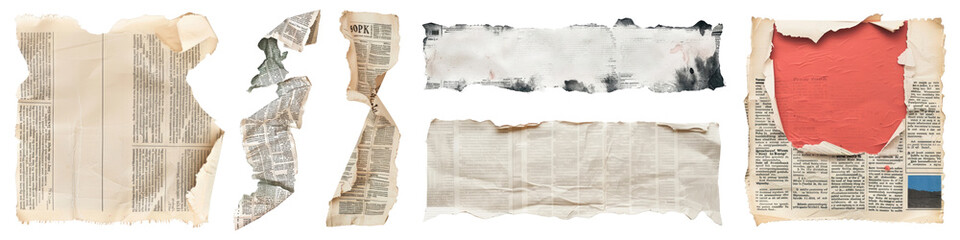 Wall Mural - vintage torn newspaper textures, png element set on transparent background