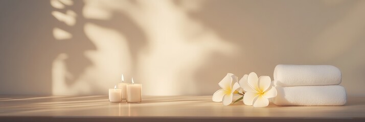 Poster - Arranging lit candles, soft white towels, and delicate frangipani flowers on a wooden surface, warm sunlight filters through tropical plant shadows, creating a serene spa ambiance