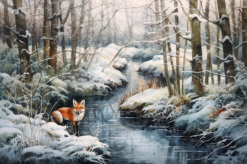digital painting of a fox in winter forest with falling snow and water