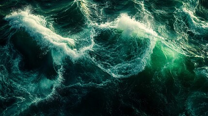 Aufkleber - Dynamic ocean waves in deep green hues, capturing the power and beauty of the sea.