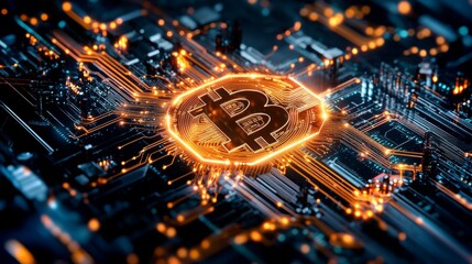 Poster - Regulatory framework showcased through glowing bitcoin symbol against a digital circuit backdrop