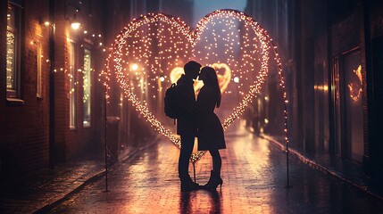 Poster - A couple sharing a kiss under a heart-shaped archway of lights in a charming street