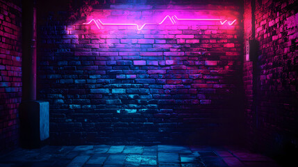 Poster - Rays neon light on neon brick wall. Empty scene.