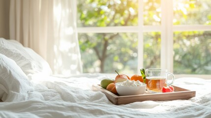 Poster - Wooden tray with cottage cheese, fruits and tea cup is standing on white bed linen in hotel room with window overlooking sunny summer garden, offering cozy and refreshing start to vacation day