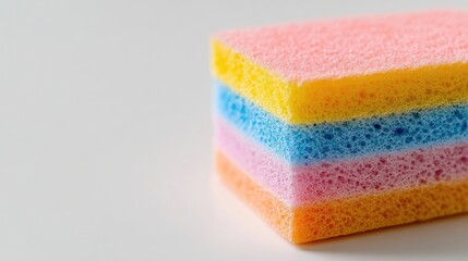 Vibrant multi-colored kitchen sponge stacked on a clean white background showcasing its texture and design for cleaning applications