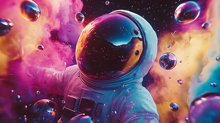 Poster - Astronaut in vibrant cosmic landscape with bubbles