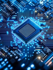 Poster - closeup of a central processing unit on a blue circuit board with glowing connections : generative a