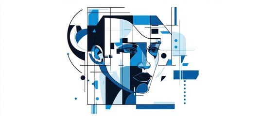 Poster - an ai head with geometric shapes and lines, on a white background, in shades of blue and grey genera