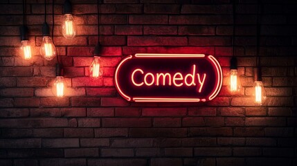 Aufkleber - Red neon comedy sign glowing on a brick wall, illuminated by hanging vintage light bulbs, creating a warm and inviting atmosphere for laughter and entertainment