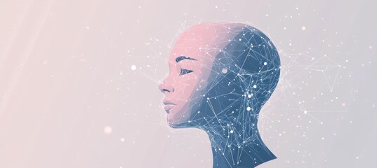 Poster - artificial intelligence and interior design, illustration of an ai head with digital connections in 