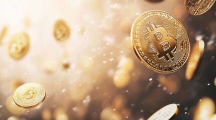 Poster - Several gold bitcoin cryptocurrency coins are falling through golden light and dust particles, representing finance, investment, and modern digital currency