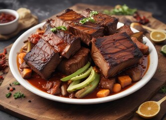 Wall Mural - Beef short ribs in a sweet and spicy BBQ sauce , pork ribs, fall-off-the-bone