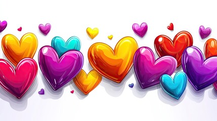Fototapete - A group of playful cartoon hearts in vibrant colors, clustered on a white background with room for text at the top.