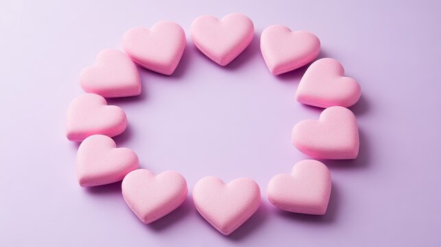 A group of pink hearts forming a circle on a pale lavender background, leaving space in the middle for text.