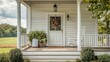 © Kelly - Farmhouse style front porch with white wood railings generative ai
