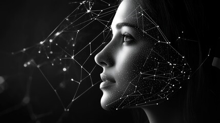 Poster - A modern woman with a digital headset, showcasing the integration of technology and AI in advanced communication systems.