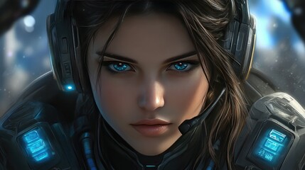 Poster - A modern woman with a digital headset, showcasing the integration of technology and AI in advanced communication systems.