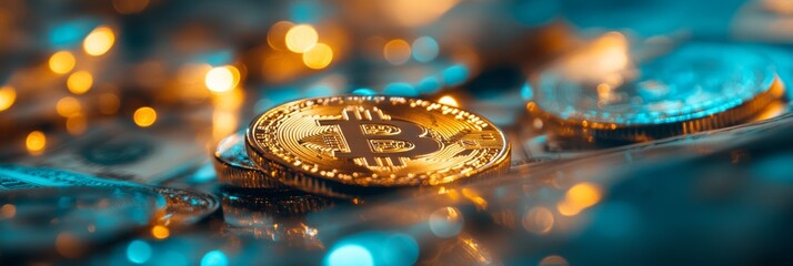 Poster - Golden bitcoin shines on dollar bills, surrounded by cryptocurrency coins and festive lights, creating a captivating scene of modern finance