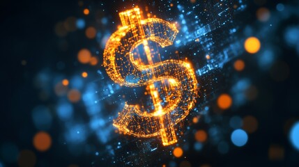 Poster - Orange glowing digital dollar sign is surrounded by blue particles, representing online investment, finance, and cryptocurrency in a technological world