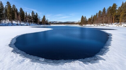 Wall Mural - A serene winter landscape featuring a blue lake surrounded by snow and evergreen trees under a clear blue sky.