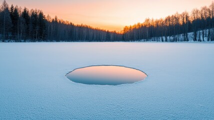 Wall Mural - A serene winter scene featuring a circular hole in the ice of a frozen lake, reflecting the warm colors of a sunset surrounded by trees.