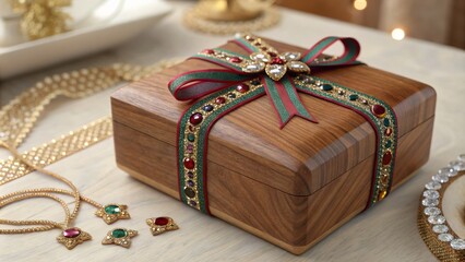 Wooden Gift Box with Jewel-Tone Ribbon and Embellishments, Christmas Gift, Holiday Decor Gift box, Holiday decoration