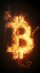 Aufkleber - Bitcoin digital currency symbol burning in bright orange and yellow flames on a dark background, representing the volatility and risk associated with cryptocurrency investment