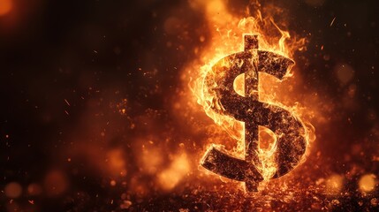 Aufkleber - Large metallic textured dollar sign burning in bright orange flames against a dark, smoky backdrop, symbolizing financial crisis, inflation, or economic downturn