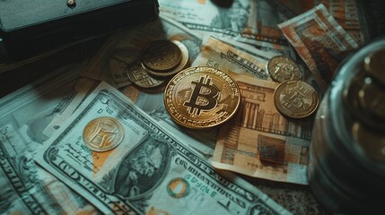 Poster - Gold and silver bitcoins and other cryptocurrency coins lying on dollar and euro banknotes with part of a hardware wallet, representing cryptocurrency investment, finance and trading