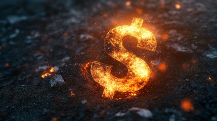 Aufkleber - Glowing dollar sign made of fire and embers rising from dark ashes, representing financial crisis, inflation, and economic downturn