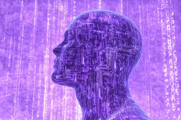 Poster - Artificial Intelligence and streams of data flowing in the background, with a purple and blue color scheme The head is made up of circuit board patterns with binary code running along Generative AI