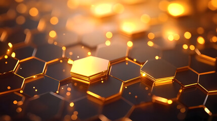 Poster - Shimmering Golden Hexagonal Abstract Background with Bokeh Light Effects : Generative AI