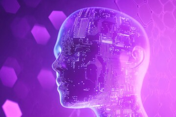 Poster - Abstract illustration of an artificial intelligence head with circuit board patterns, surrounded by binary code and hexagonal symbols on a purple background, creating the concept of AI Generative AI