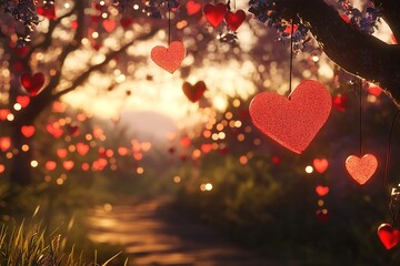 Wall Mural - Shiny red crystal hearts hanging on a dark branch create a romantic atmosphere for valentine's day, with a warm, inviting bokeh effect in the background