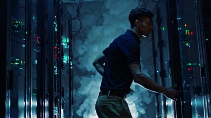 Poster - It engineer walking in server room corridor checking server racks and network hardware panels, ensuring efficient data storage and processing in modern data center