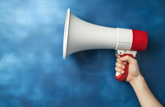 Hand holding a megaphone on a blue background with copy space for text